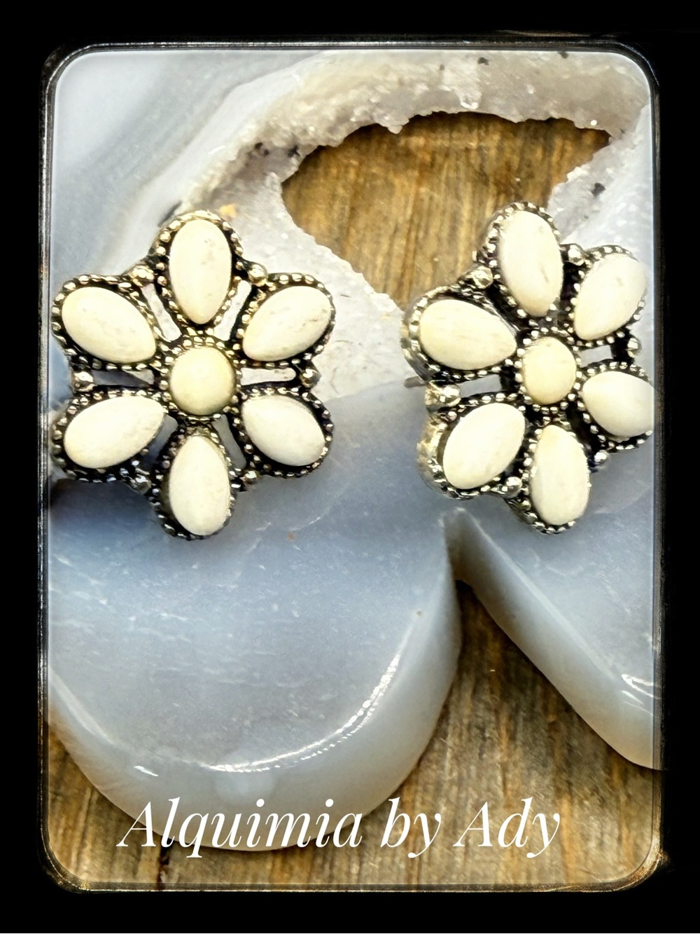 Big silver cream turquoise stud earrings + SUNFLOWERS